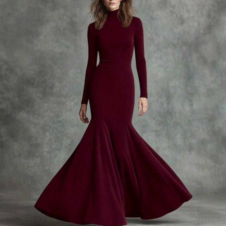 Christina - Women's Mock Neck Long Sleeve Mermaid Maxi Dress 4