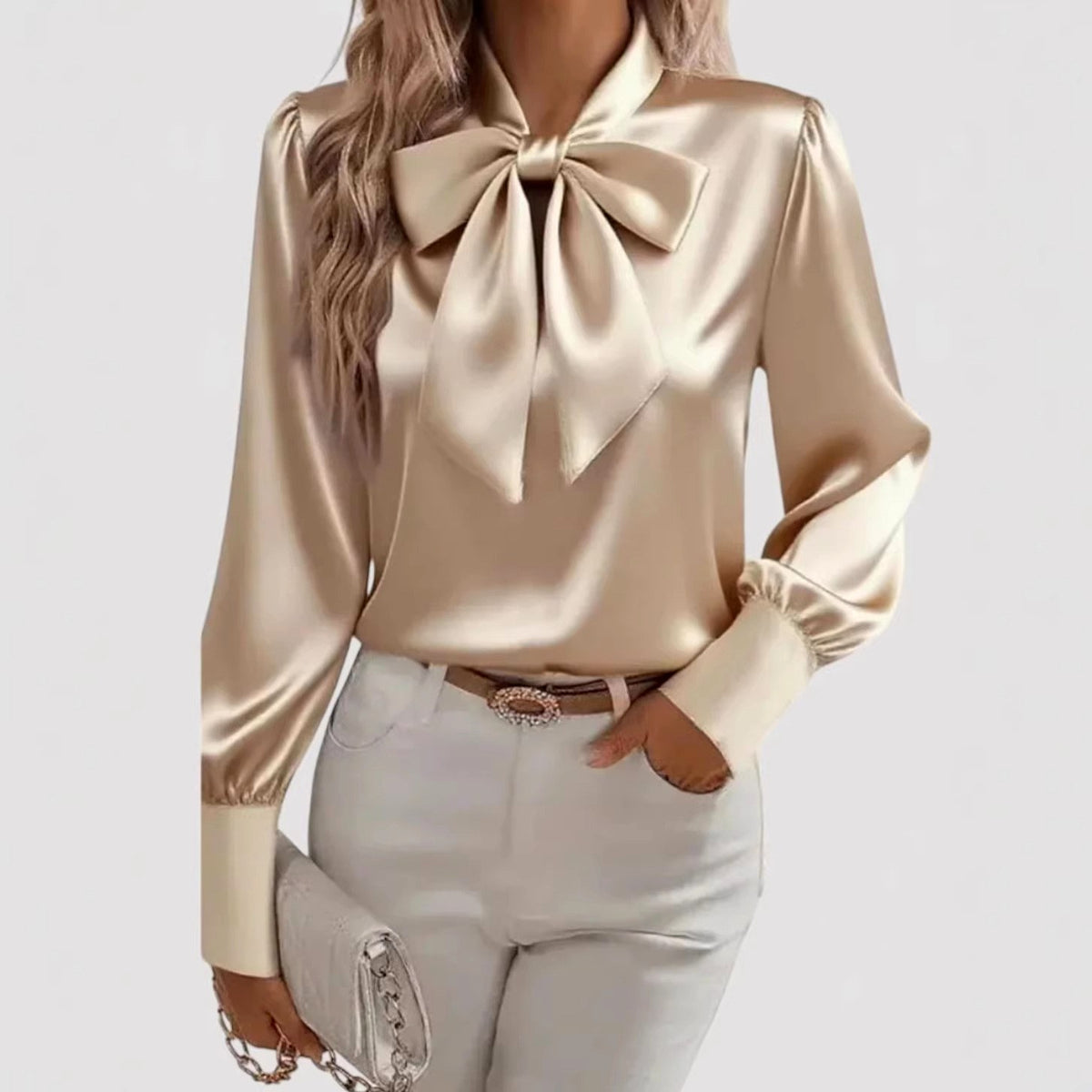 Ciara - Women's Long Sleeve Satin Bow Tie Neck Blouse  6