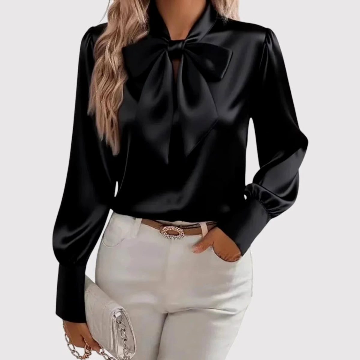 Ciara - Women's Long Sleeve Satin Bow Tie Neck Blouse  9