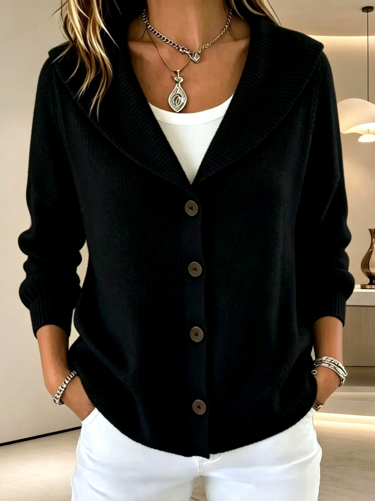 Cira - Women's Wide-Collar Button-Front Knit Cardigan 3