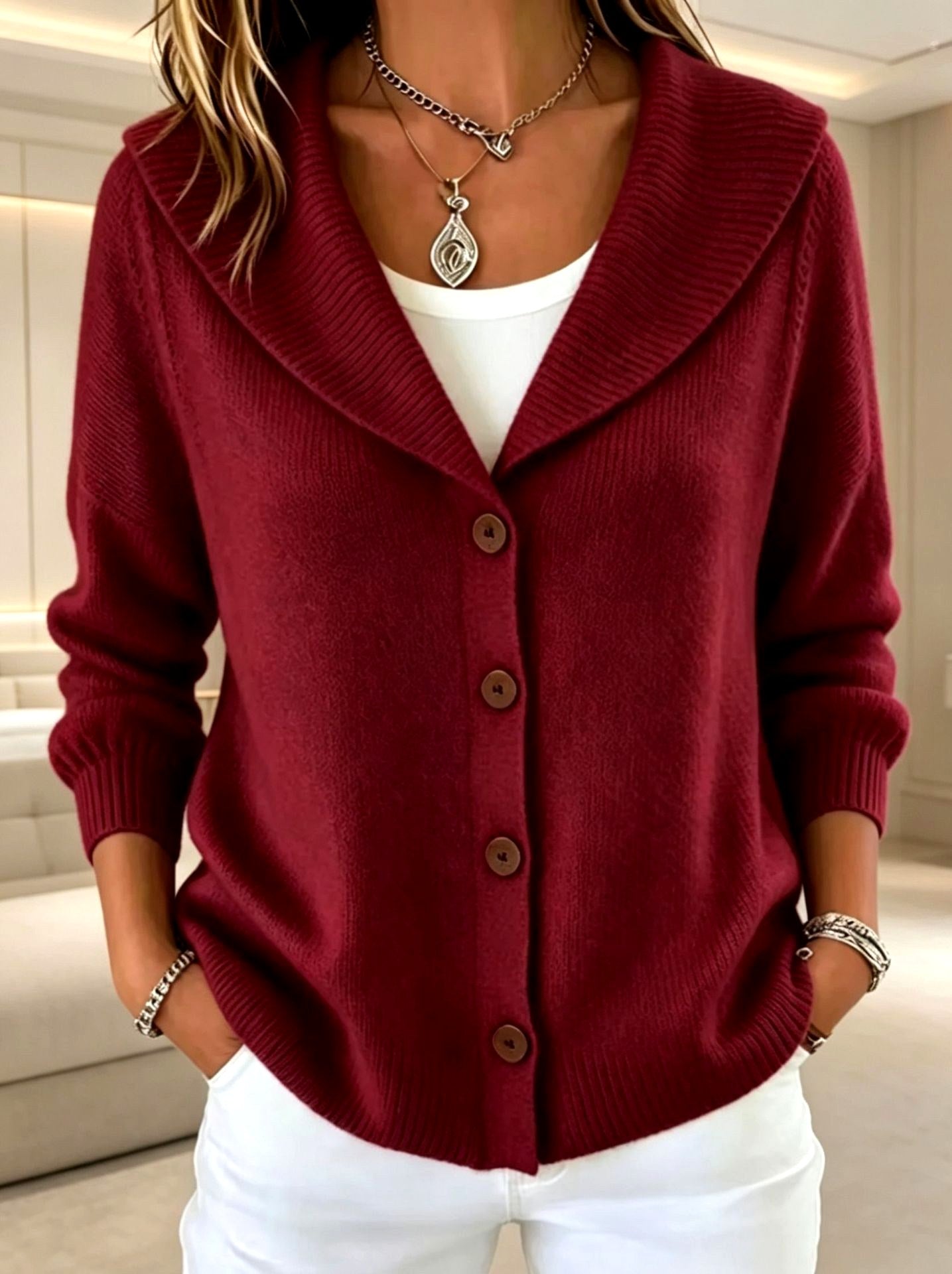 Cira - Women's Wide-Collar Button-Front Knit Cardigan 5