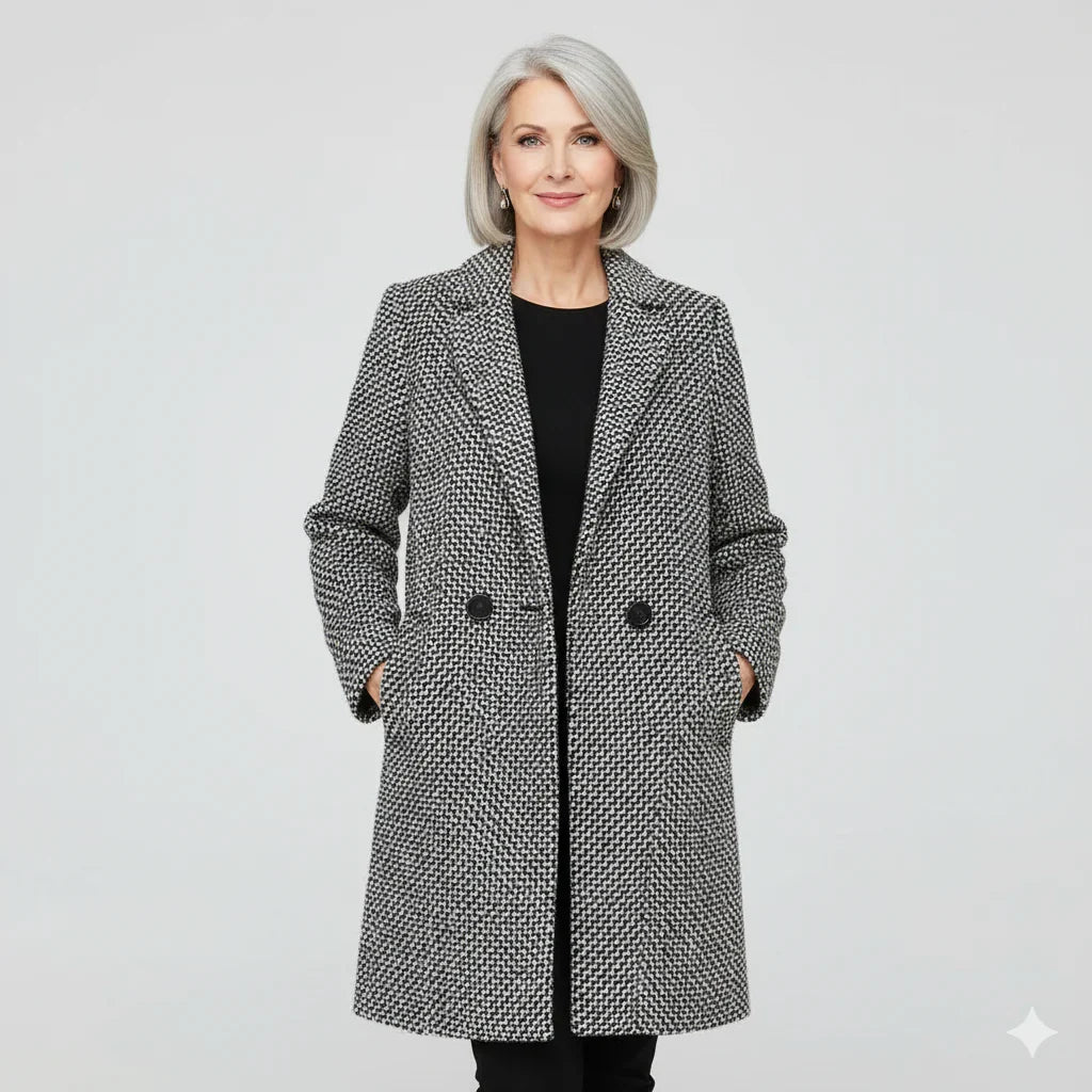Claudia - Women's Herringbone Double-Breasted Long Coat
