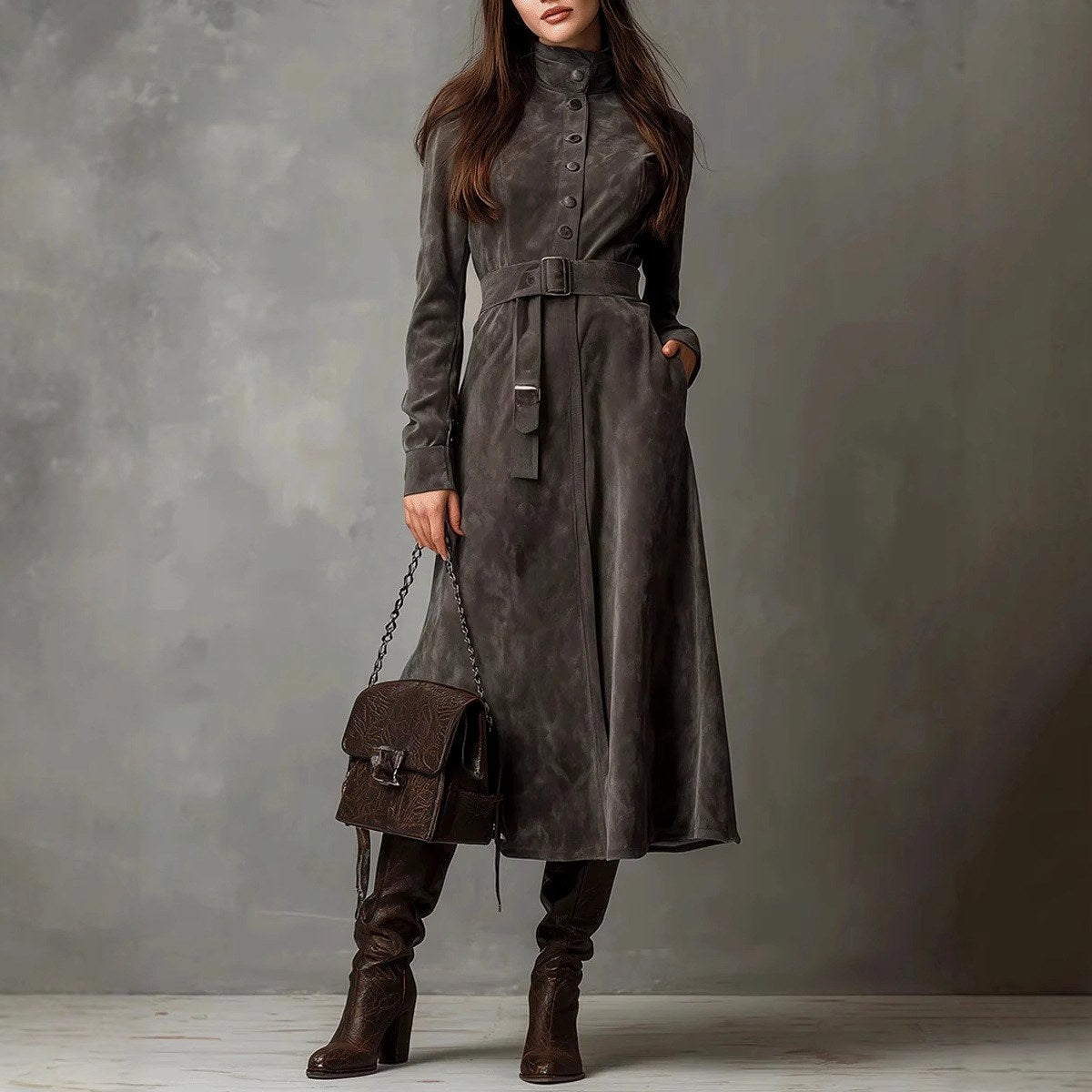 Cora - Women's Suede Long Sleeve Midi Dress 1