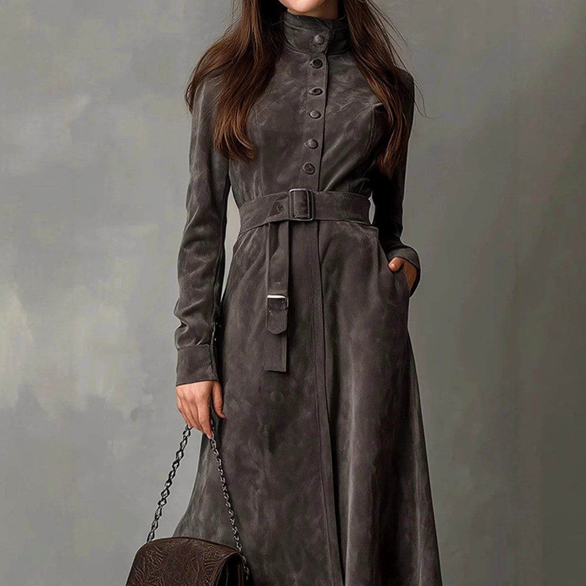 Cora - Women's Suede Long Sleeve Midi Dress 2
