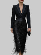 Cordelia - Women's Blazer-Bodice Sequin Fringe Midi Dress