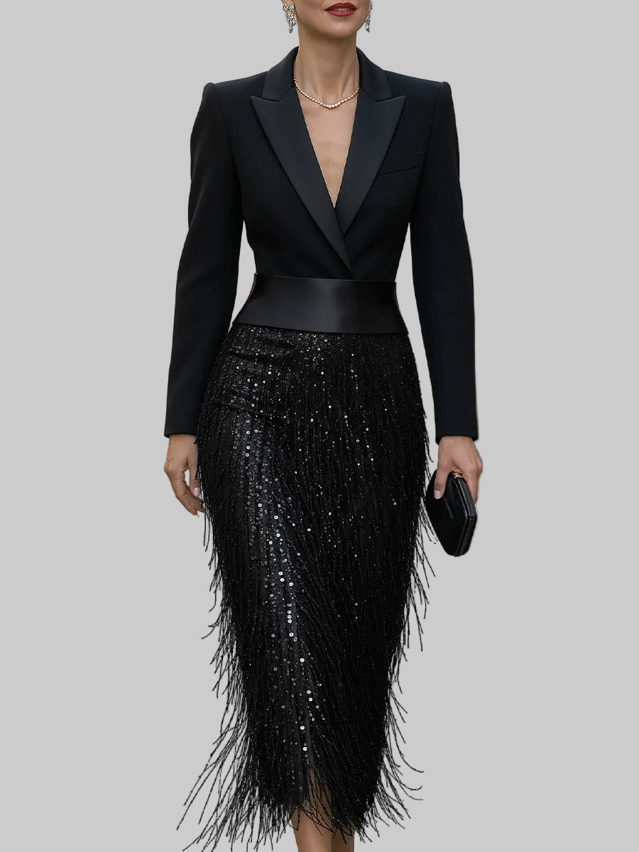 Cordelia - Women's Blazer-Bodice Sequin Fringe Midi Dress