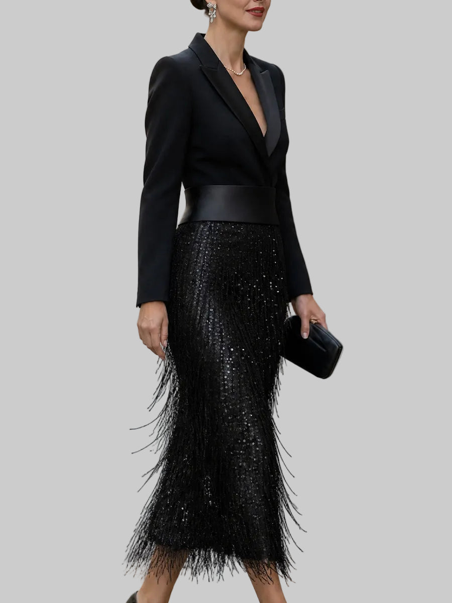 Cordelia - Women's Blazer-Bodice Sequin Fringe Midi Dress