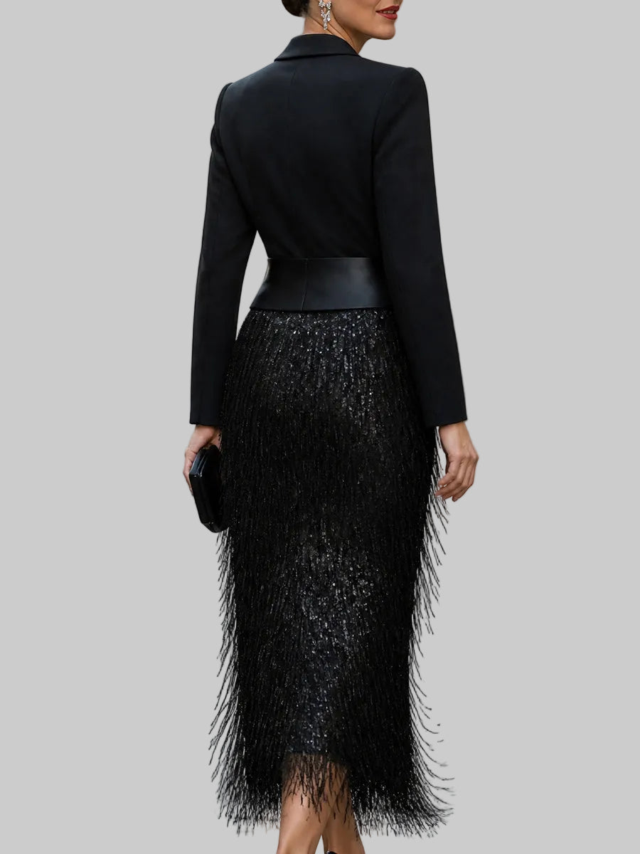 Cordelia - Women's Blazer-Bodice Sequin Fringe Midi Dress