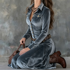 Cordelia - Women's Velvet Button-Front A-Line Maxi Dress