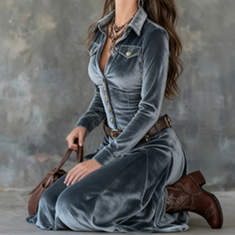Cordelia - Women's Velvet Button-Front A-Line Maxi Dress