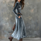 Cordelia - Women's Velvet Button-Front A-Line Maxi Dress