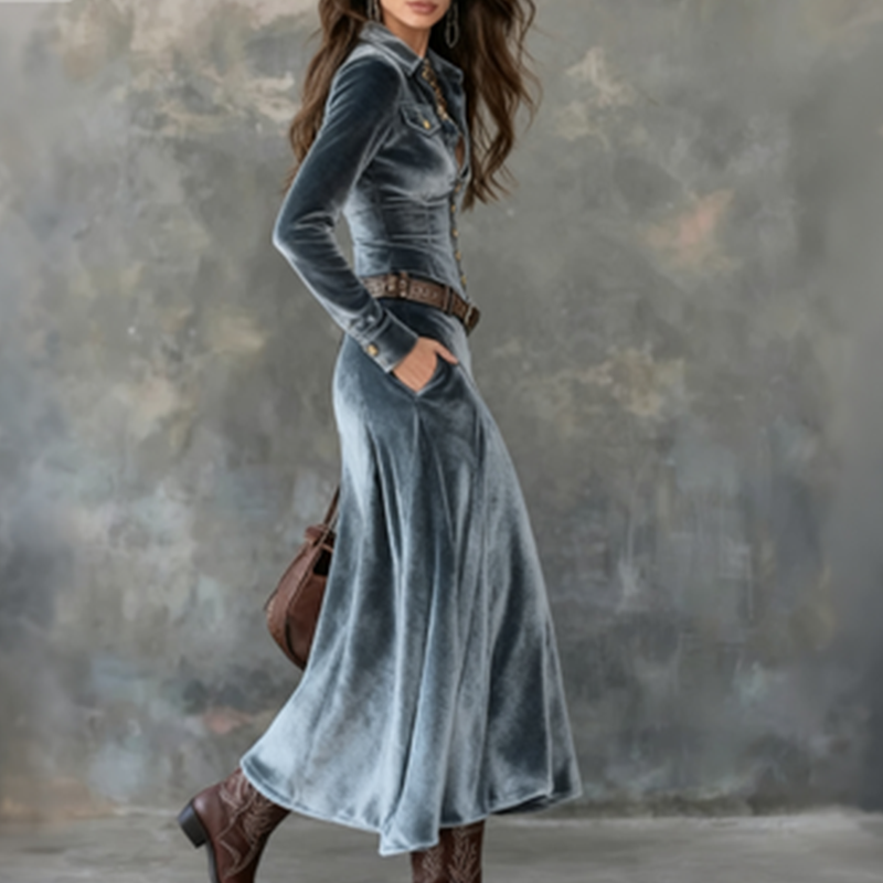 Cordelia - Women's Velvet Button-Front A-Line Maxi Dress
