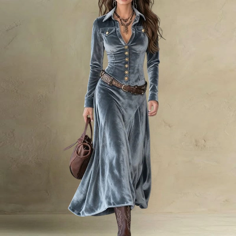 Cordelia - Women's Velvet Button-Front A-Line Maxi Dress