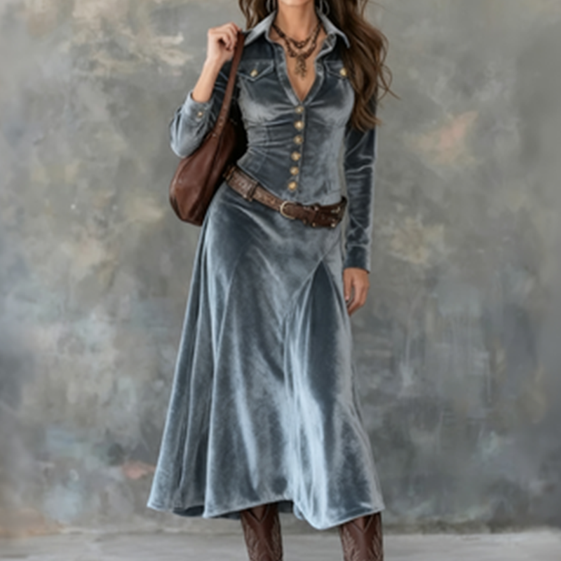 Cordelia - Women's Velvet Button-Front A-Line Maxi Dress