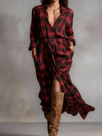 Cornelia - Women's Plaid Collared Long Sleeve Maxi Dress 1