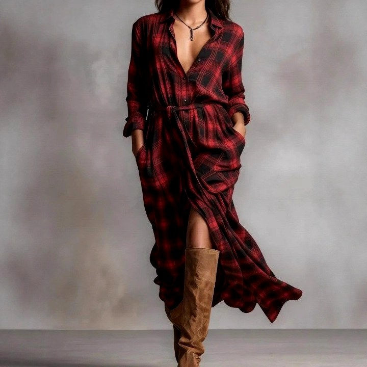 Cornelia - Women's Plaid Collared Long Sleeve Maxi Dress 2