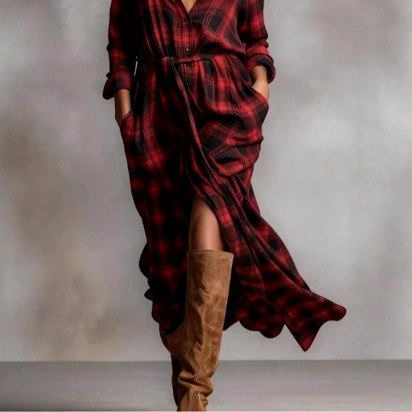 Cornelia - Women's Plaid Collared Long Sleeve Maxi Dress 3