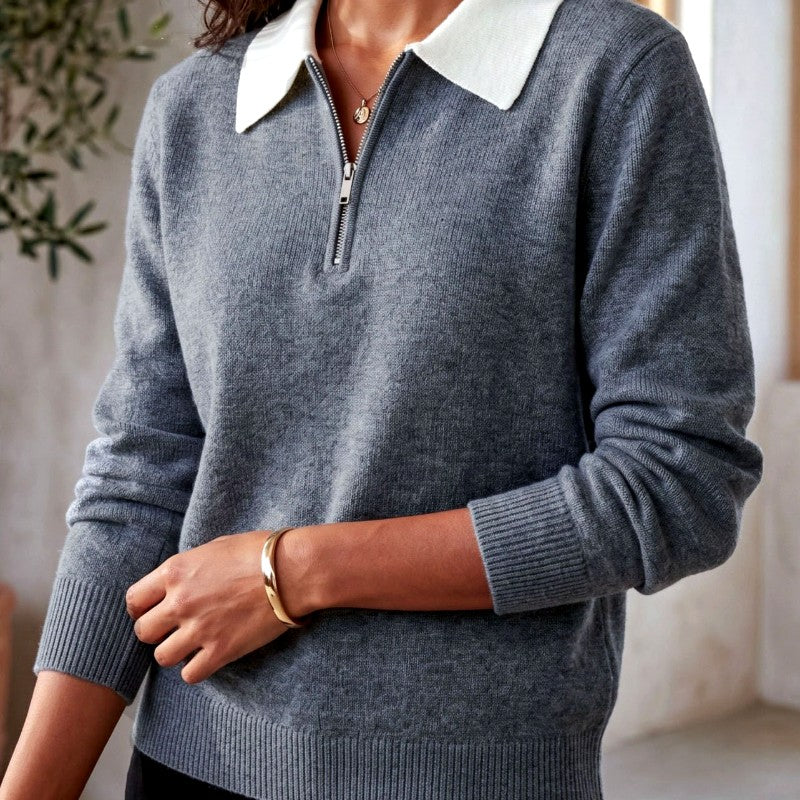 Dana - Women’s Contrast Collar Knit Polo Sweater 1
