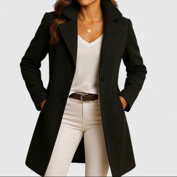 Deborah - Women's Double-Breasted Wool Blend Coat with Notch Lapels