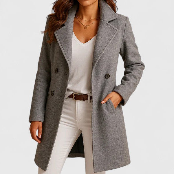Deborah - Women's Double-Breasted Wool Blend Coat with Notch Lapels