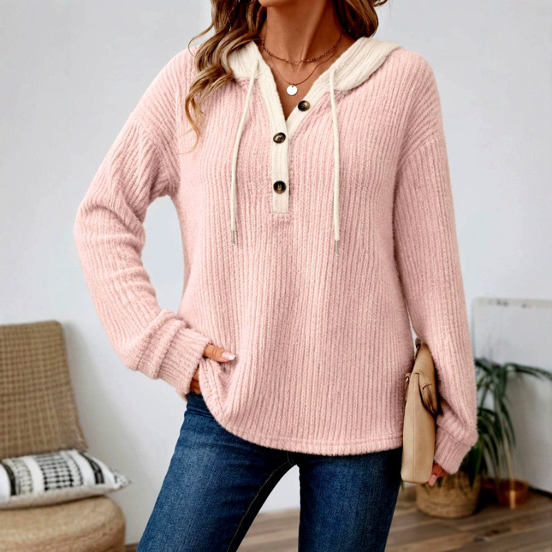 Delia - Women's V-Neck Loose Fit Button Hoodie 2