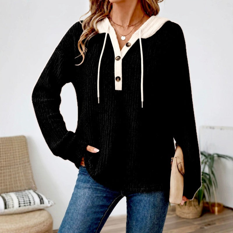Delia - Women's V-Neck Loose Fit Button Hoodie 3