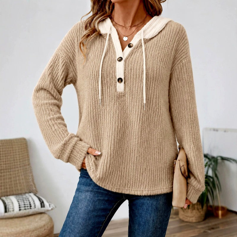 Delia - Women's V-Neck Loose Fit Button Hoodie 4