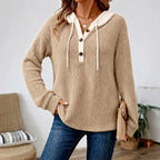 Delia - Women's V-Neck Loose Fit Button Hoodie 4