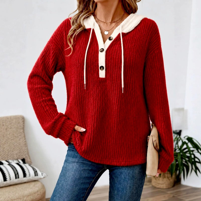 Delia - Women's V-Neck Loose Fit Button Hoodie 5