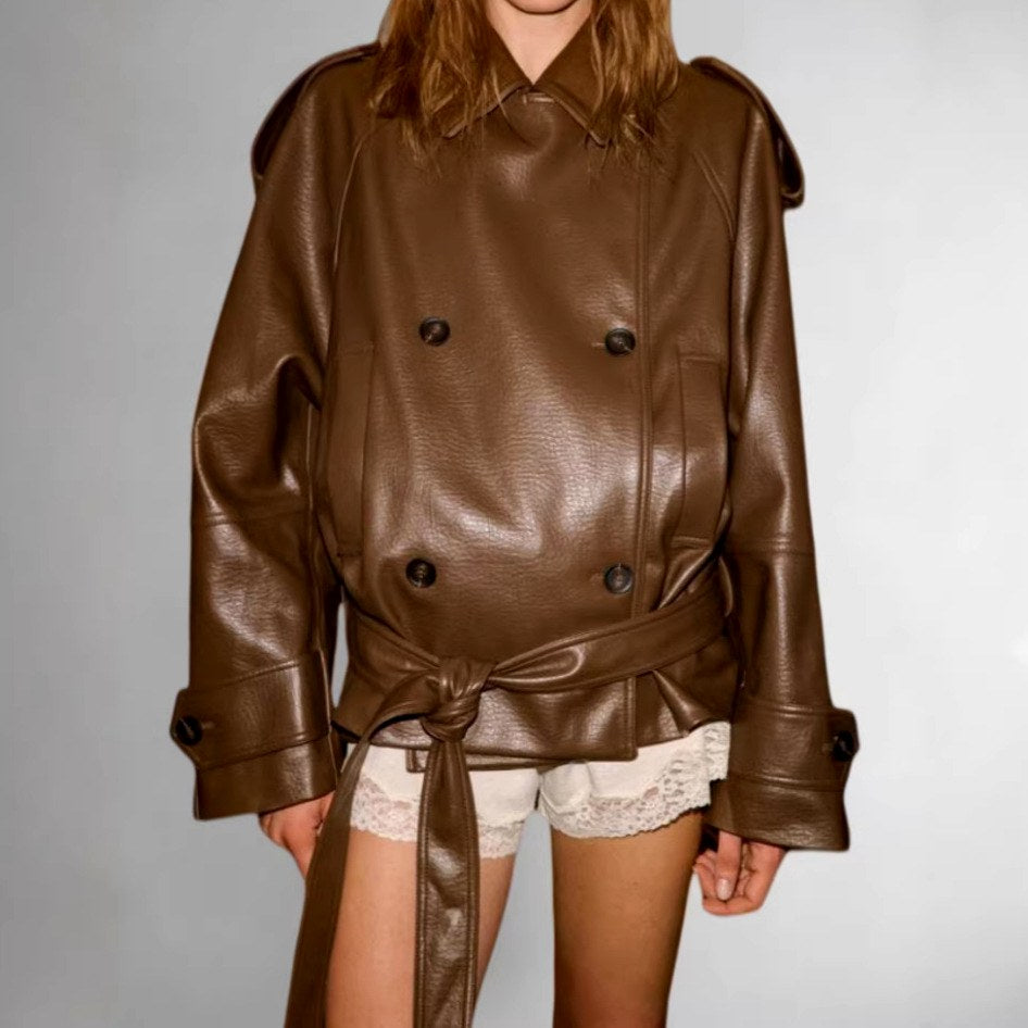 Donna - Women's Double-Breasted Leather Jacket with Belt 3