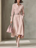 Elaine - Women's Faux Suede Belted Button-Down Shirt Dress 1