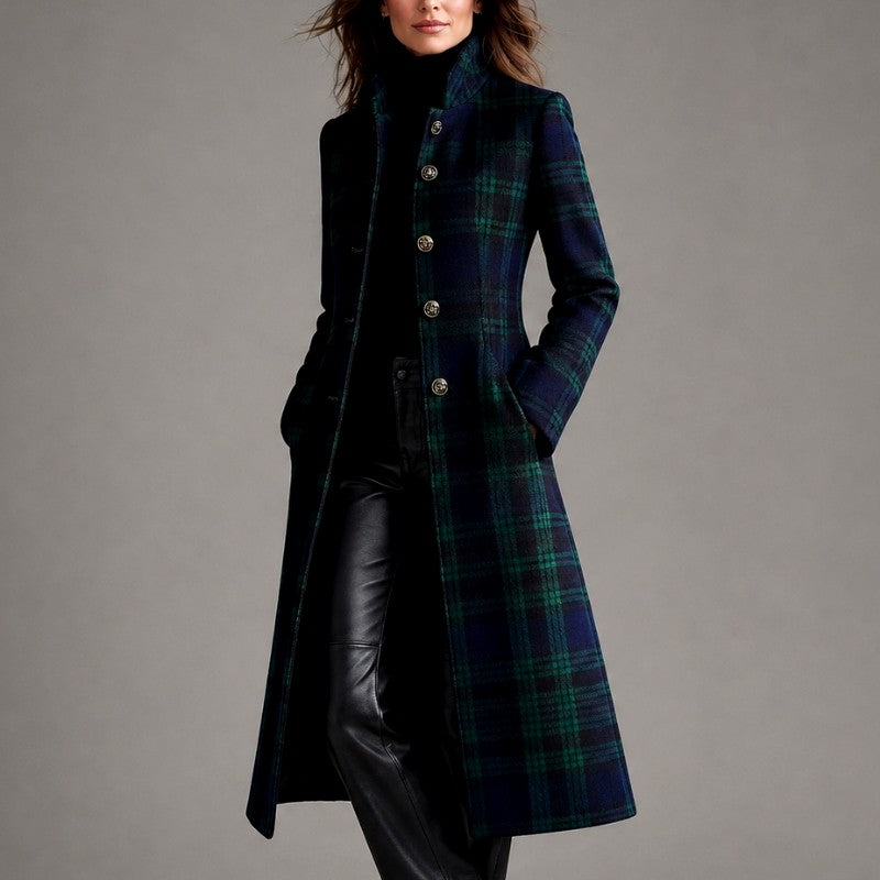 Eleanor - Women's Plaid Stand Collar Long Coat 2