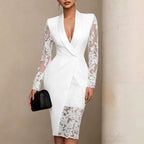 Eline - Women's Satin Lapel Lace Sleeve Evening Dress 2