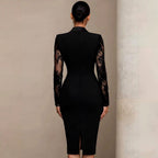 Eline - Women's Satin Lapel Lace Sleeve Evening Dress 3