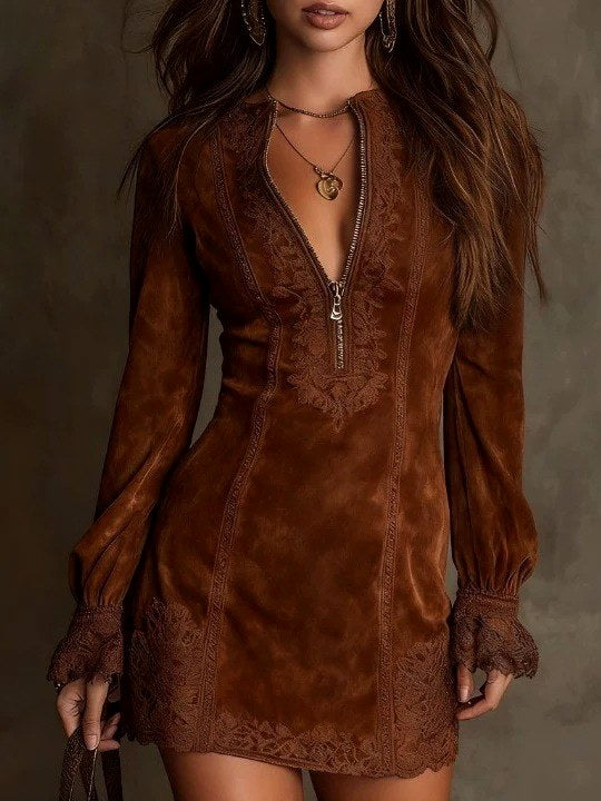 Elizabeth - Women's V-Neck Embroidered Dress 3