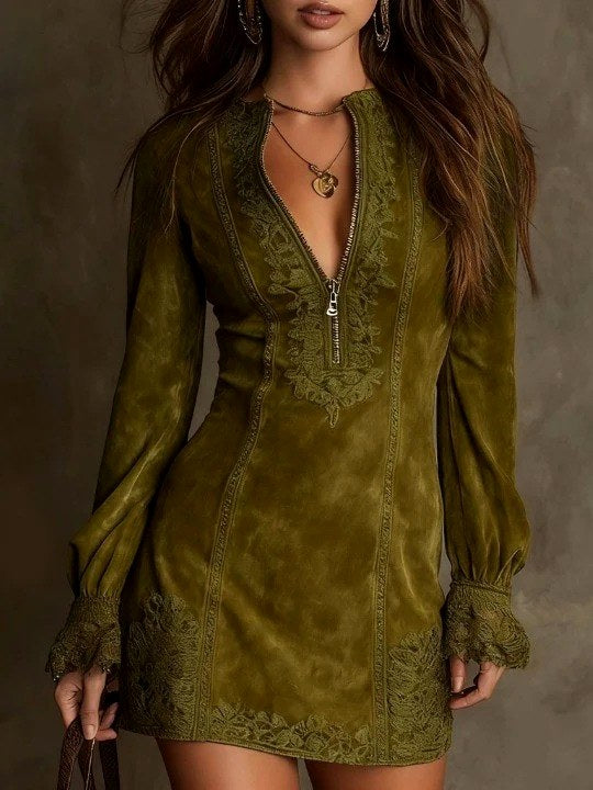 Elizabeth - Women's V-Neck Embroidered Dress 4