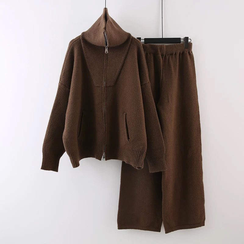 Ella - Women's Half-Zip Ribbed Sweater & Wide-Leg Knit Pants Set