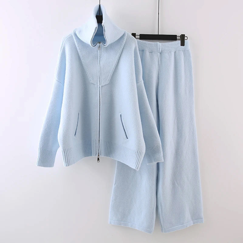 Ella - Women's Half-Zip Ribbed Sweater & Wide-Leg Knit Pants Set