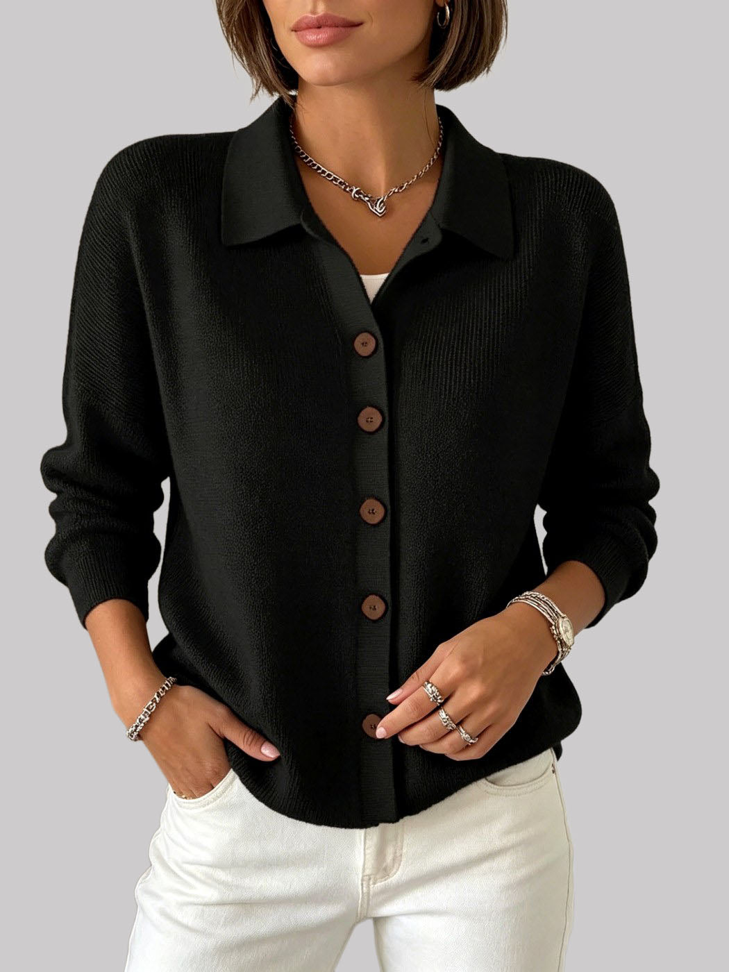 Elsie - Women's Collared Button Knit Cardigan