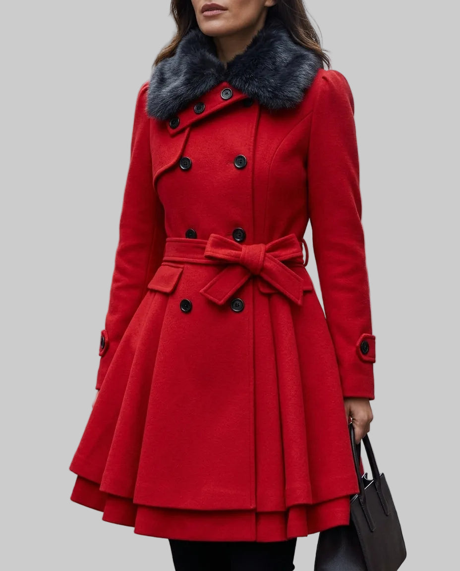 Ember - Women's Belted Peplum Coat with Faux-Fur Collar