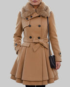 Ember - Women's Belted Peplum Coat with Faux-Fur Collar
