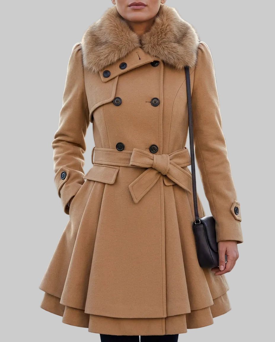 Ember - Women's Belted Peplum Coat with Faux-Fur Collar