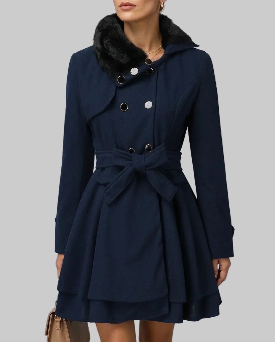 Ember - Women's Belted Peplum Coat with Faux-Fur Collar