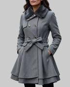 Ember - Women's Belted Peplum Coat with Faux-Fur Collar