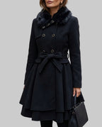 Ember - Women's Belted Peplum Coat with Faux-Fur Collar