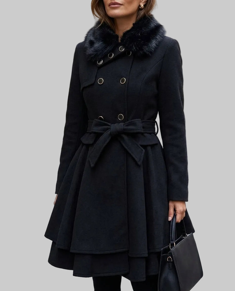 Ember - Women's Belted Peplum Coat with Faux-Fur Collar