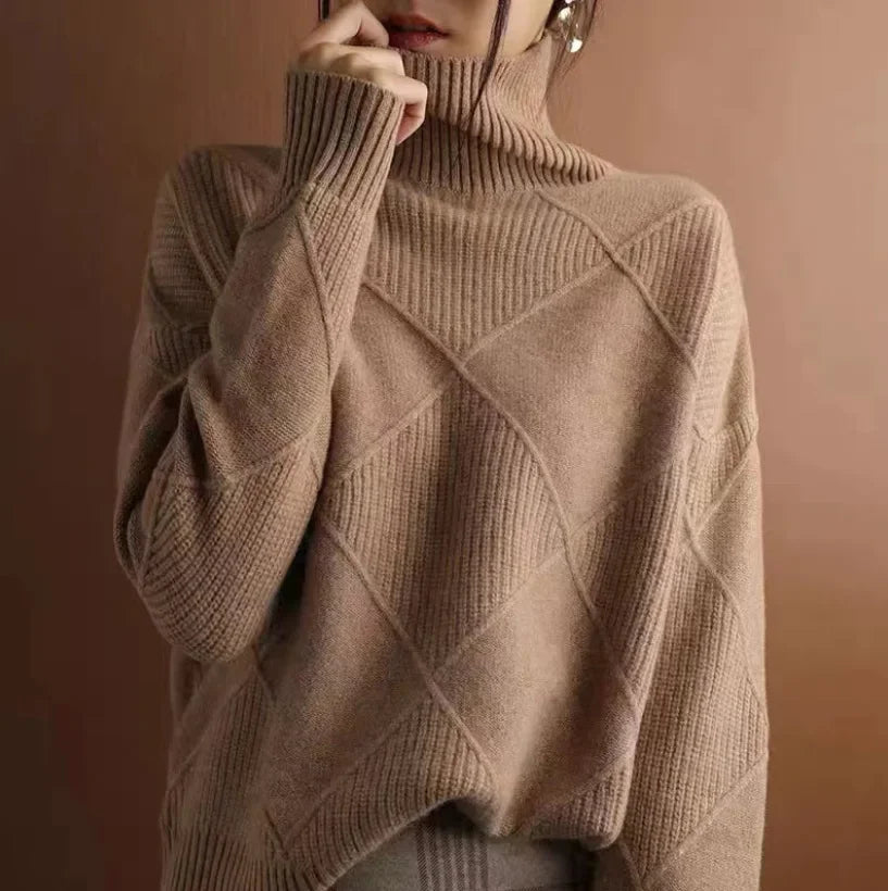 Emilia - Women's Diamond Cashmere Turtleneck Sweater 1