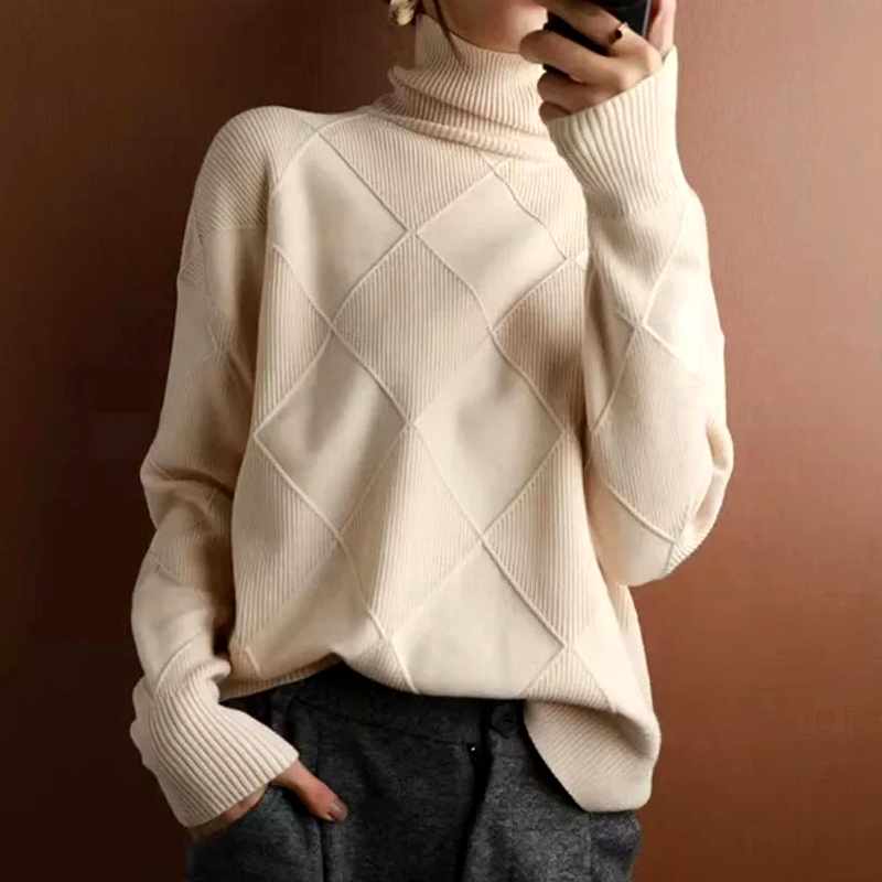 Emilia - Women's Diamond Cashmere Turtleneck Sweater 5