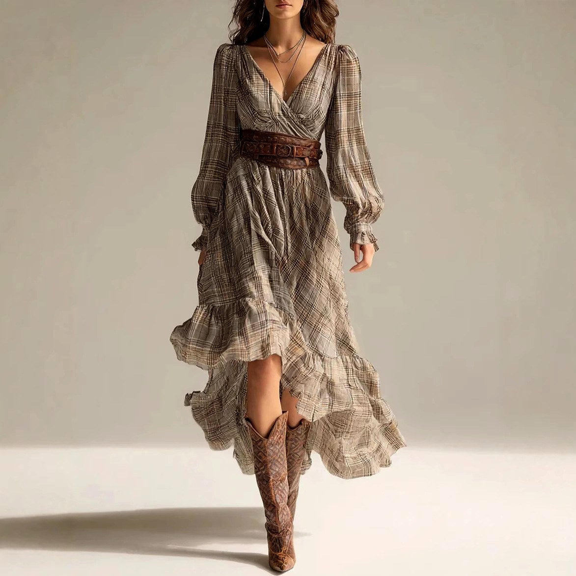 Erica - Women's Plaid Puff Sleeve Wrap Maxi Dress 1