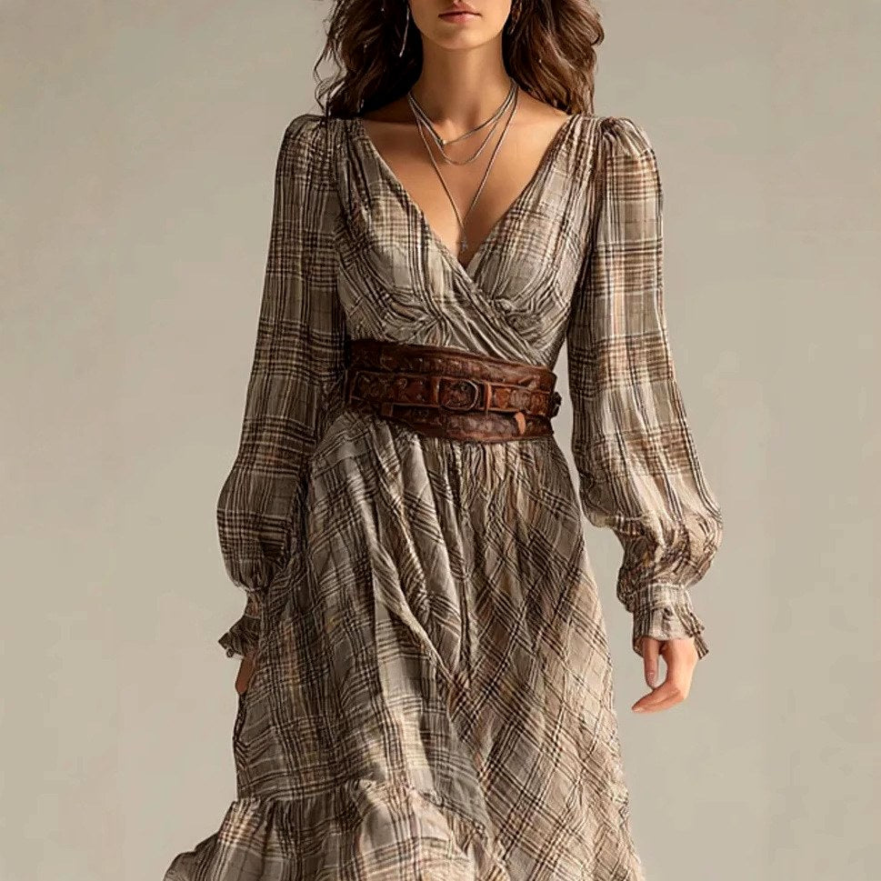 Erica - Women's Plaid Puff Sleeve Wrap Maxi Dress 2